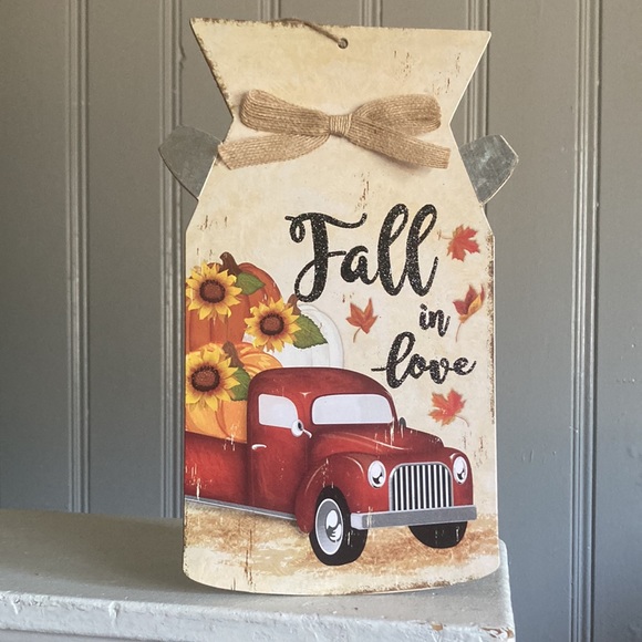 NWT Glittered FALL IN LOVE Harvest Red Farm Truck Wood Milk Jug Decoration Sign - Picture 15 of 17